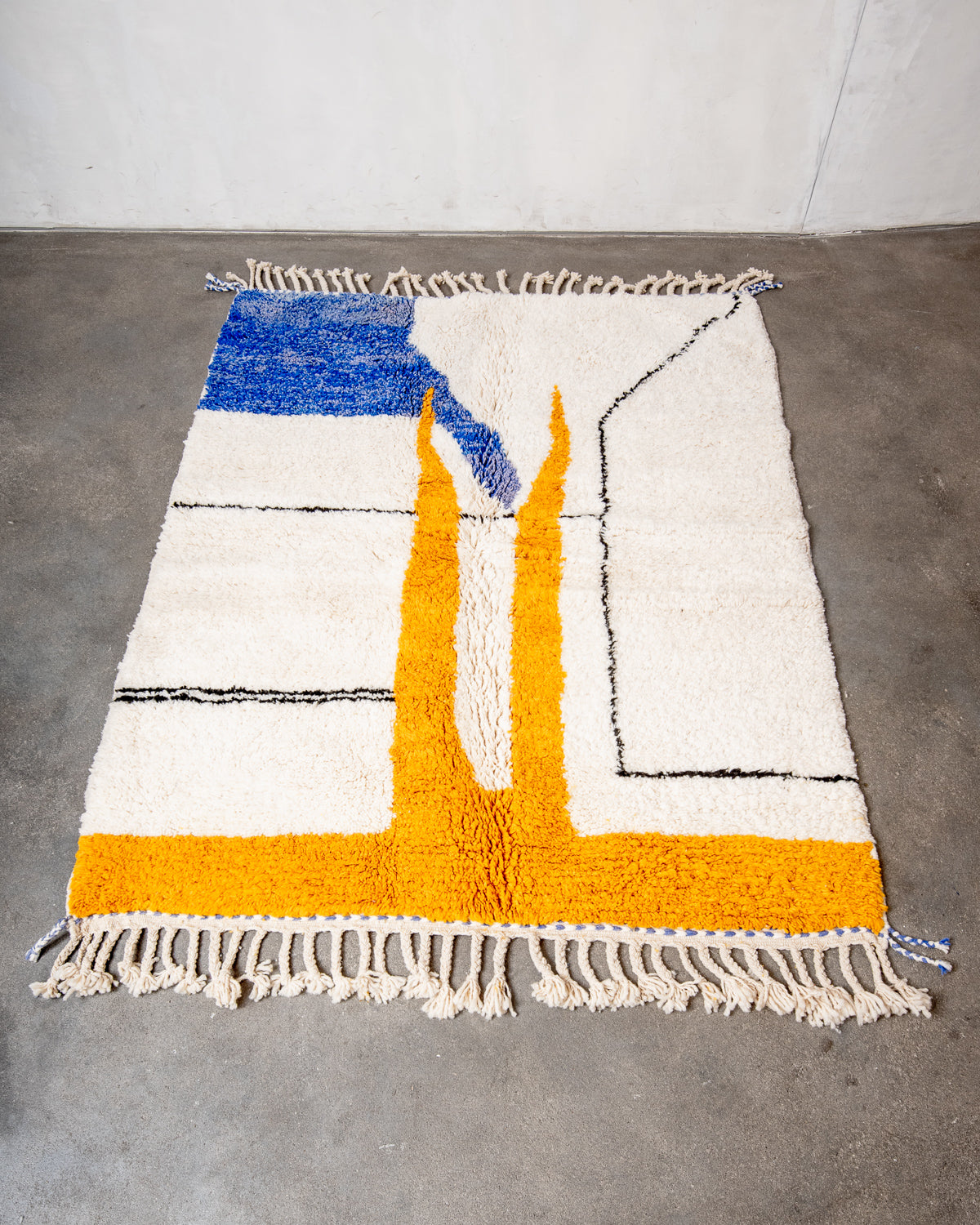 Modern, designer, handcrafted Berber rug from Morocco. Beniourain carpet with beautiful colours and patterns and fluffy wool texture.
